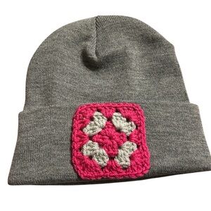 Stylish Gray Beanie with Pink Crochet Patch